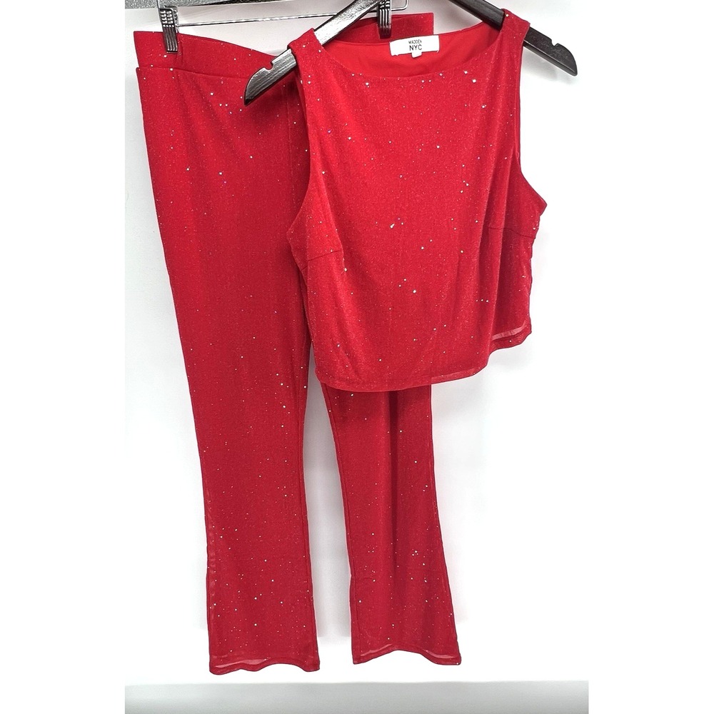Madden NYC Sparkle Red Top & Pants Women's Glitter Party Casual Size MEDIUM  NWT